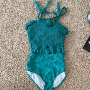 Teal Two-Piece Swimsuit with Ruffle Detail